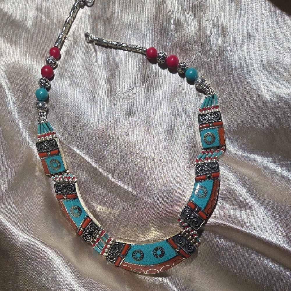 Turquoise and Red Beaded Necklace